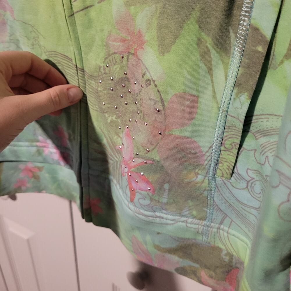 Y2K Green Tea Hoodie Jacket Beaded Drawstring Floral XL Athletic Wear Shortsle - Picture 7 of 12